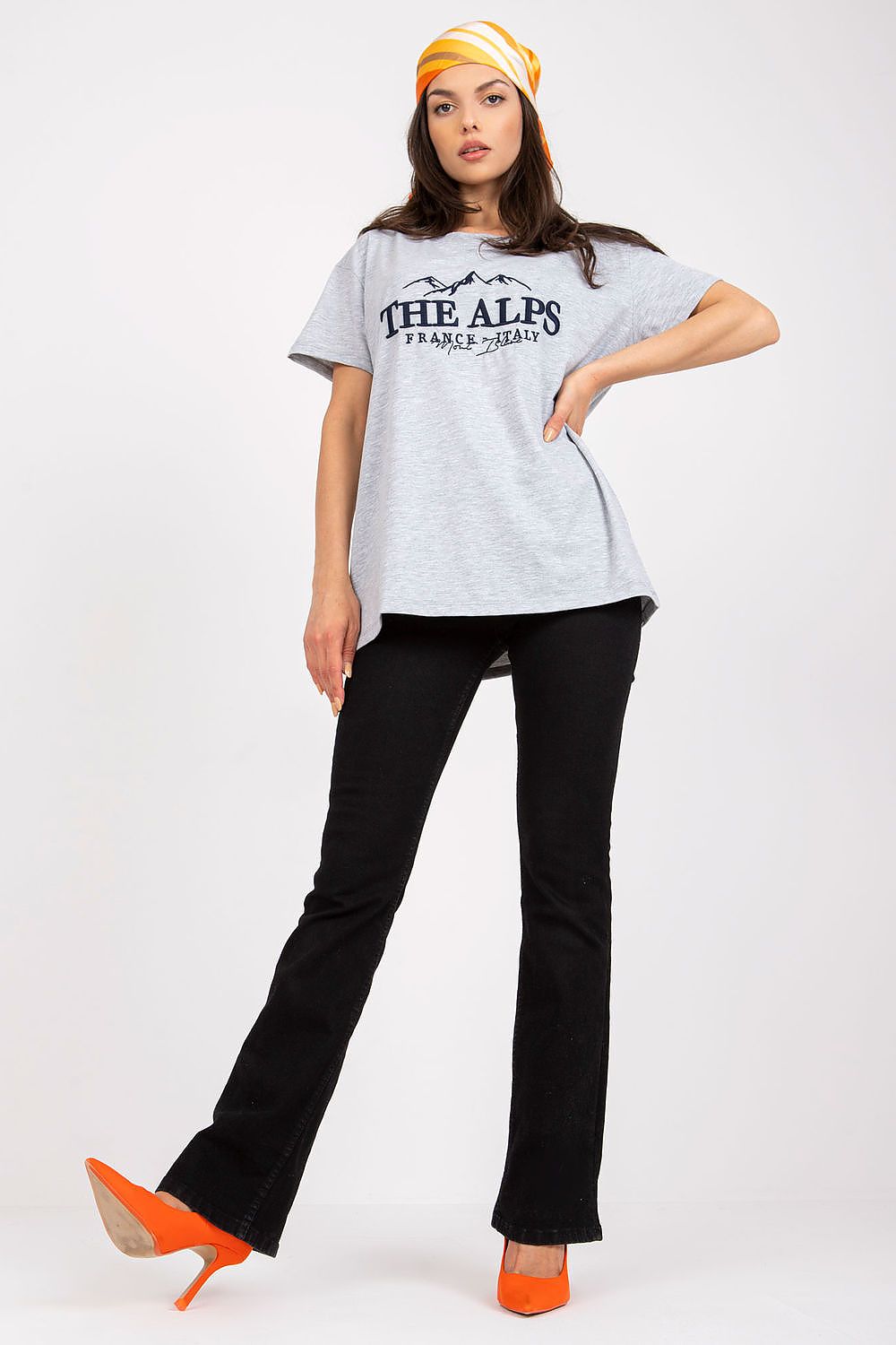Stylish Cotton Blend T-Shirt with Embroidered Design displayed in a soft grey, showcasing 'THE ALPS', elegantly styled by a model, a statement piece for luxury casual fashion, EU Size 0, 68 cm Length, 114 cm Chest.