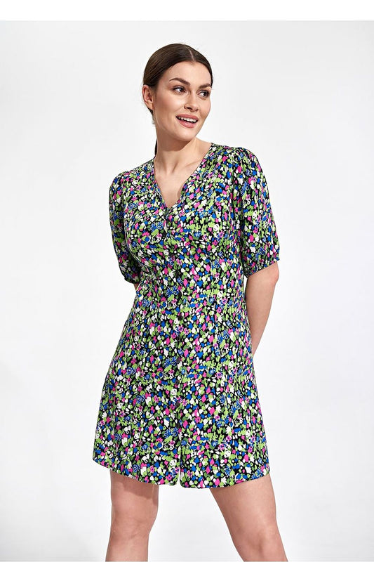 Elegant Summer Mini Dress by Figl, featuring a vibrant floral pattern with patterned buttons, short loose sleeves, and a flattering cheese neckline, perfect for a stylish summer outing.