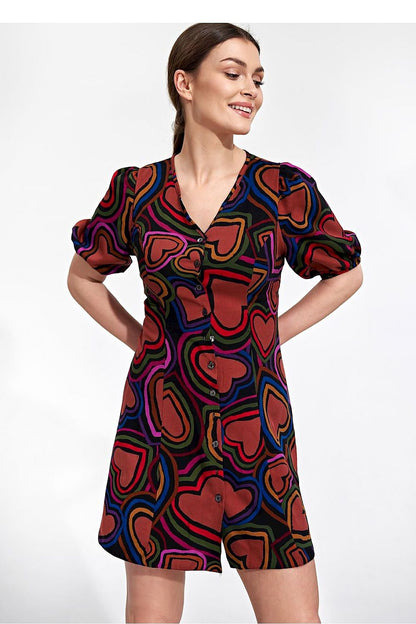Elegant summer mini dress by Figl in a bold heart pattern, embodying a playful yet luxurious style with button detailing and loose sleeves.
