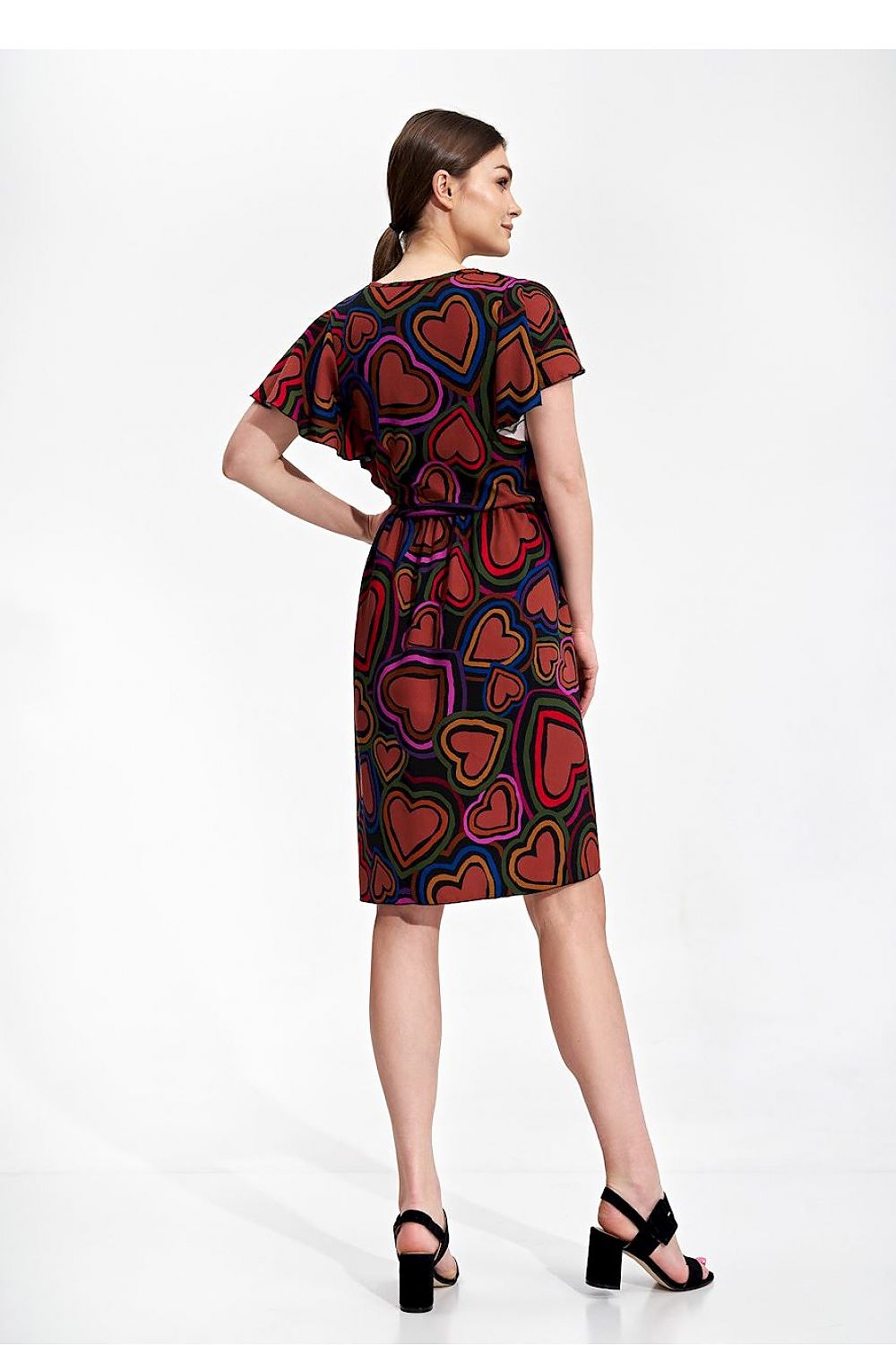 Refined Summer Midi Dress by Figl, adorned with an eye-catching heart pattern and elegant ethereal sleeves, great for elegant summer gatherings.