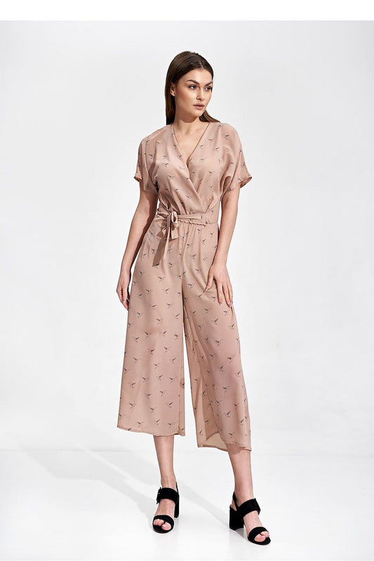 Luxury Figl 7/8 Length Kimono Sleeve Overalls with Elastic Waist and Decorative Ties, model showcasing a soft blush colour with delicate patterns.