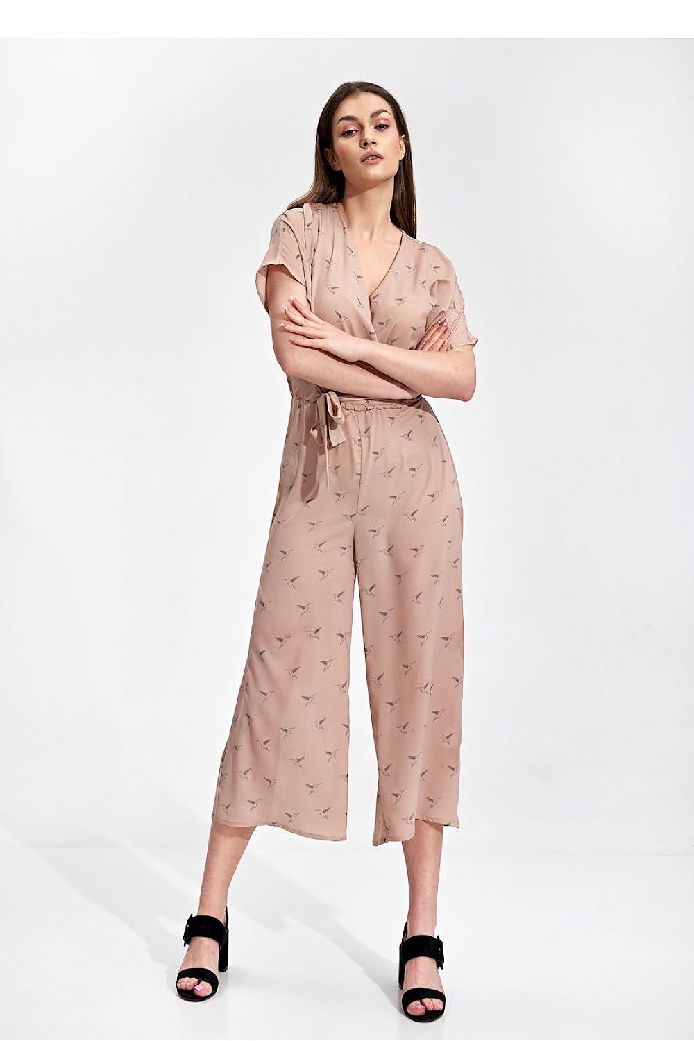 Luxury Figl 7/8 Length Kimono Sleeve Overalls with Elastic Waist and Decorative Ties, model displaying a stylish pose in blush overalls.