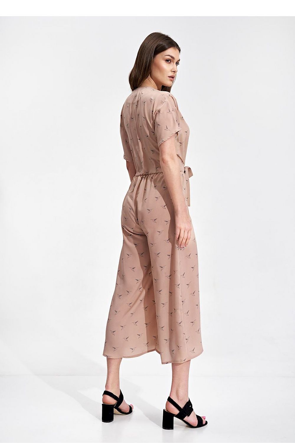 Luxury Figl 7/8 Length Kimono Sleeve Overalls with Elastic Waist and Decorative Ties, back view of model in blush overalls highlighting the elegant design.