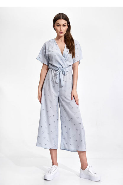 Luxury Figl 7/8 Length Kimono Sleeve Overalls with Elastic Waist and Decorative Ties, model showcasing a soft blue variant, styled for a chic look.