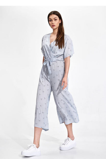 Luxury Figl 7/8 Length Kimono Sleeve Overalls with Elastic Waist and Decorative Ties, model demonstrating a fashion-forward pose in light blue overalls.