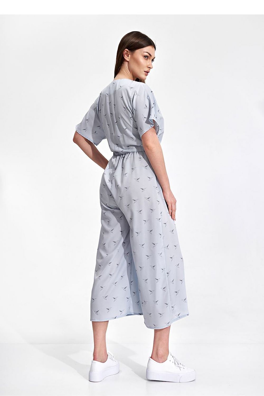 Luxury Figl 7/8 Length Kimono Sleeve Overalls with Elastic Waist and Decorative Ties featured on a model from the back, showcasing elegant style in a light blue fabric.