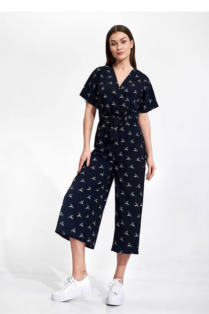 Luxury Figl 7/8 Length Kimono Sleeve Overalls with Elastic Waist and Decorative Ties worn by a model, highlighting a chic front view in a dark navy print.