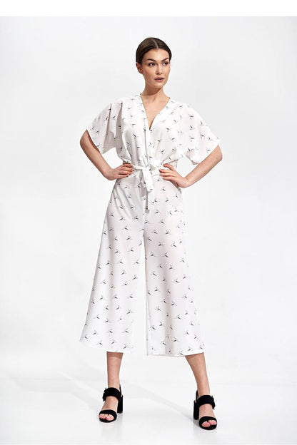 Luxury Figl 7/8 Length Kimono Sleeve Overalls with Elastic Waist and Decorative Ties presented on a model in a striking white fabric, accentuating elegance and contemporary style.