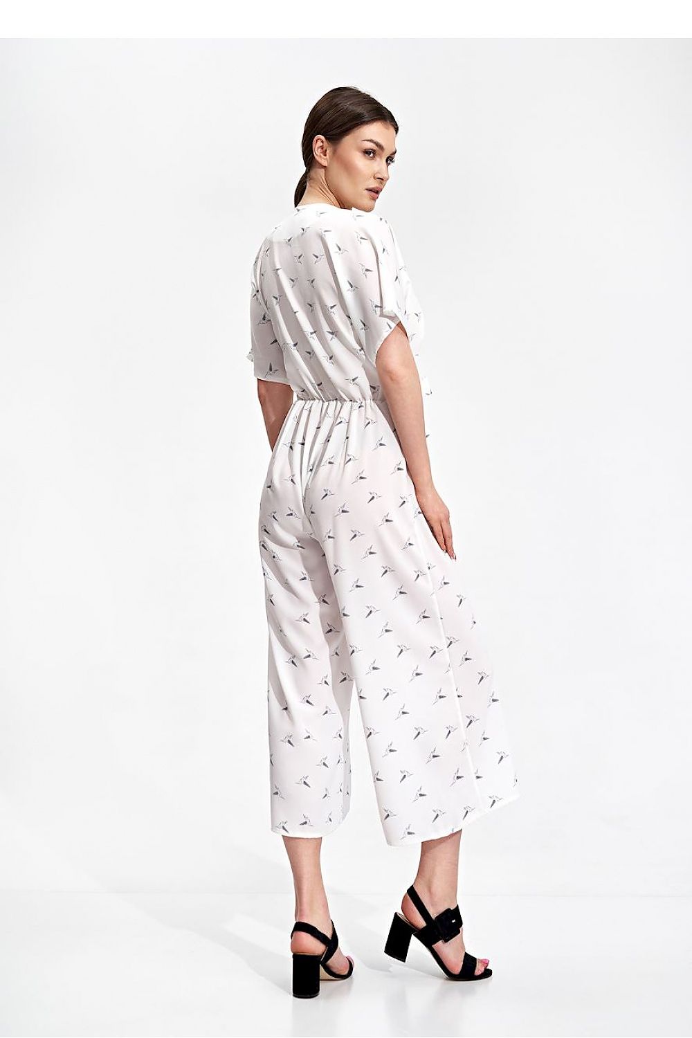 Luxury Figl 7/8 Length Kimono Sleeve Overalls with Elastic Waist and Decorative Ties depicted in a stylish rear view, showcasing the elegant design and silhouette, perfect for sophisticated casual wear.