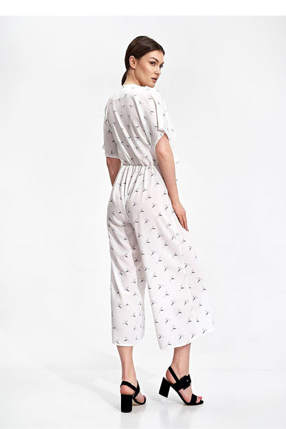 Luxury Figl 7/8 Length Kimono Sleeve Overalls with Elastic Waist and Decorative Ties depicted in a stylish rear view, showcasing the elegant design and silhouette, perfect for sophisticated casual wear.