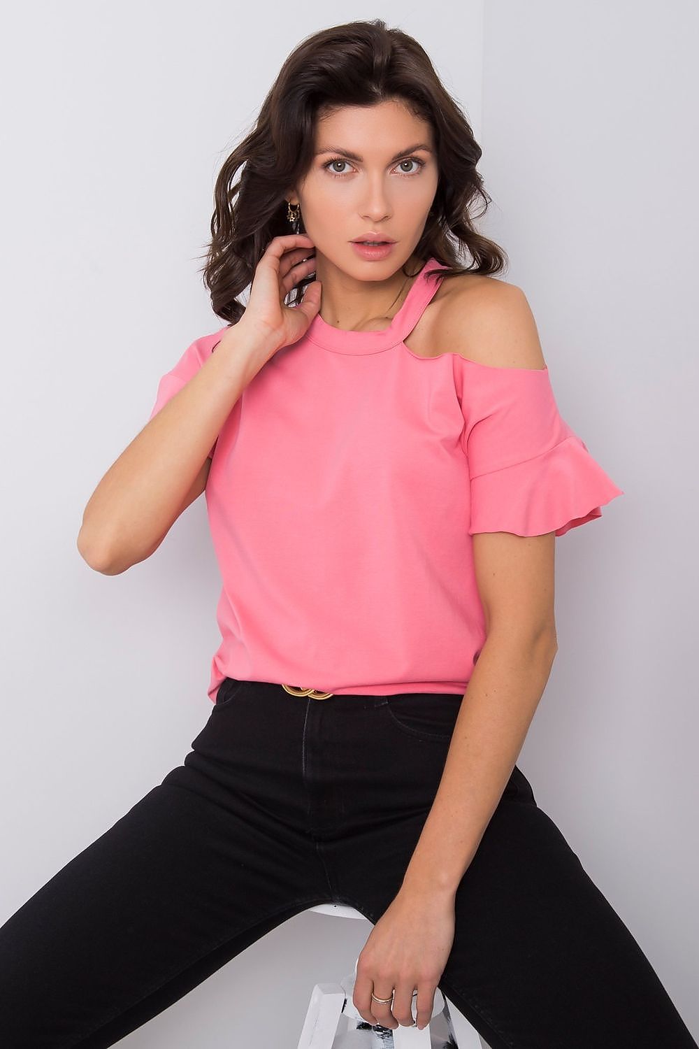 Stylish Off-Shoulder Cotton Blend Blouse with Short Sleeves in vibrant pink, elegantly showcasing a model with relaxed styling against a minimalist background.