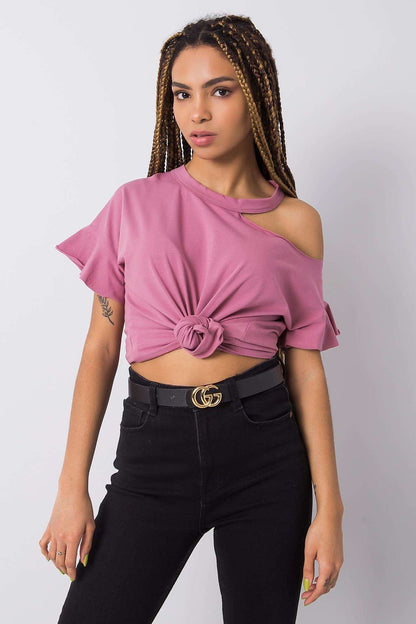 Stylish Off-Shoulder Cotton Blend Blouse with Short Sleeves, presented in a chic mauve on a model, featuring a trendy knotted design for a modern touch.