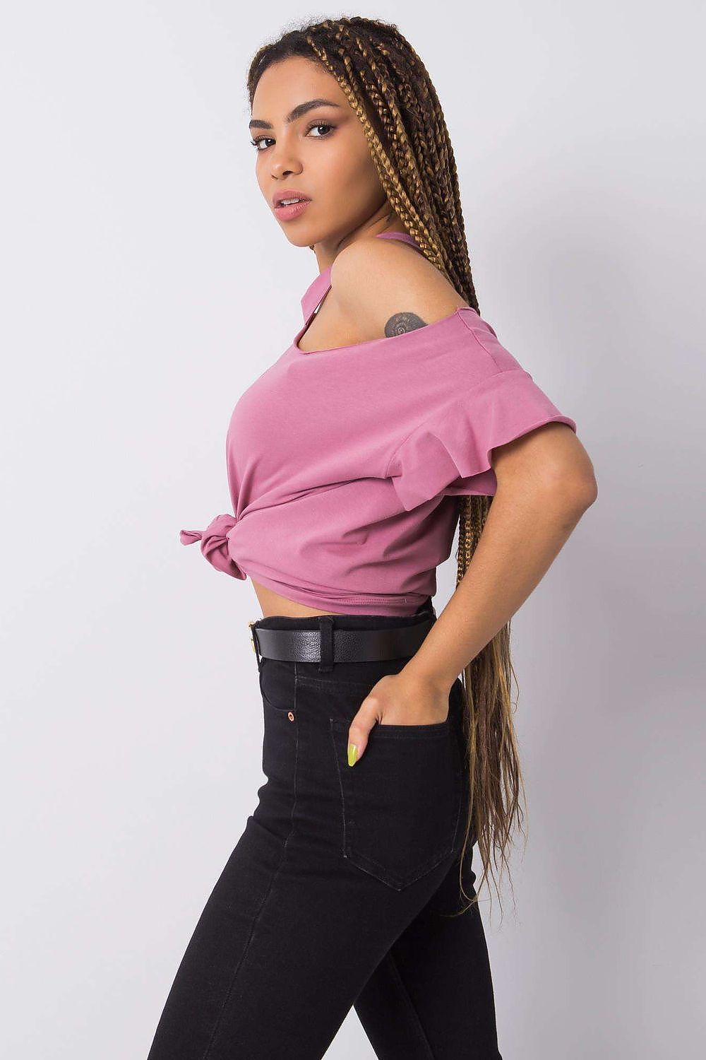 Stylish Off-Shoulder Cotton Blend Blouse with Short Sleeves in soft pink, showcasing a trendy design paired with high-waisted black jeans.