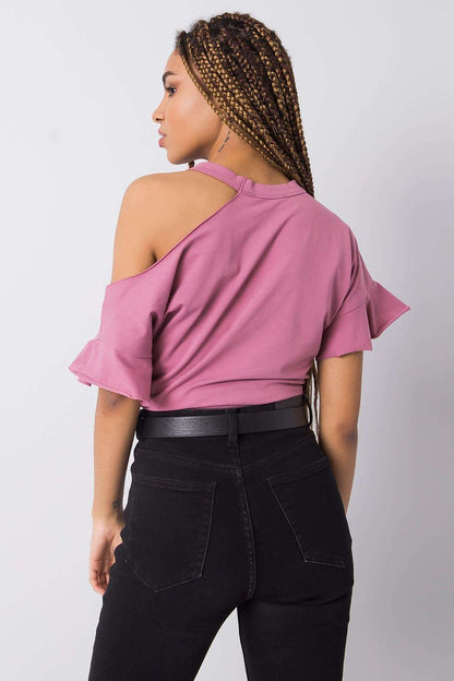 Stylish Off-Shoulder Cotton Blend Blouse with Short Sleeves in elegant pink, featuring a stylish back view complemented with black trousers.