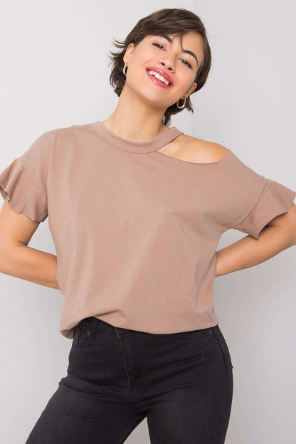 Stylish Off-Shoulder Cotton Blend Blouse with Short Sleeves in a sophisticated beige tone, elegantly styled with black fitted jeans.