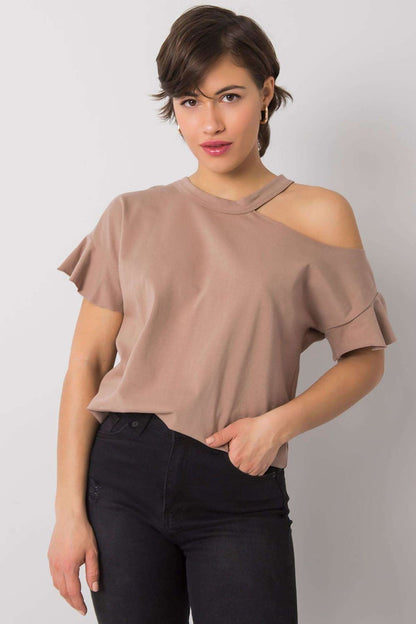 Stylish Off-Shoulder Cotton Blend Blouse with Short Sleeves in refined beige, portraying a fashionable front view with black bottoms.