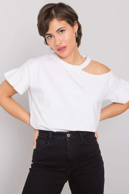 Elegant model showcasing a classic white stylish off-shoulder cotton blend blouse with short sleeves, complemented by high-waisted black jeans for a sophisticated, modern look.