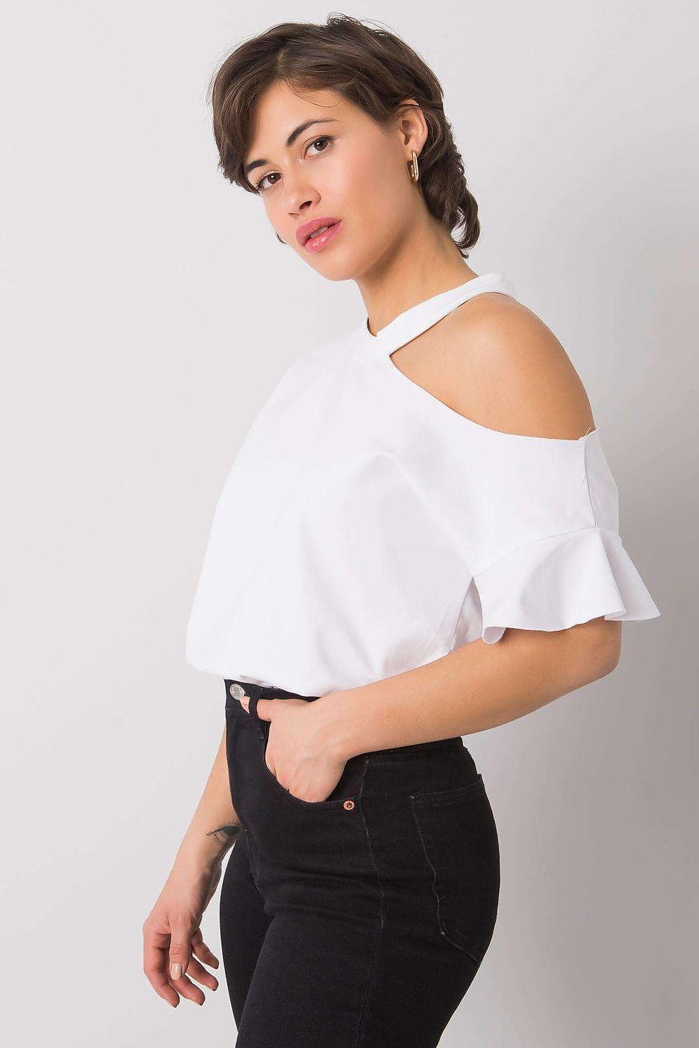 Stylish Off-Shoulder Cotton Blend Blouse with Short Sleeves, featuring a chic white design, perfect for a sophisticated wardrobe.