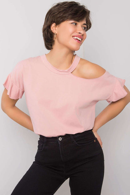 Stylish Off-Shoulder Cotton Blend Blouse with Short Sleeves in a soft pink hue, ideal for adding elegance to casual outfits.