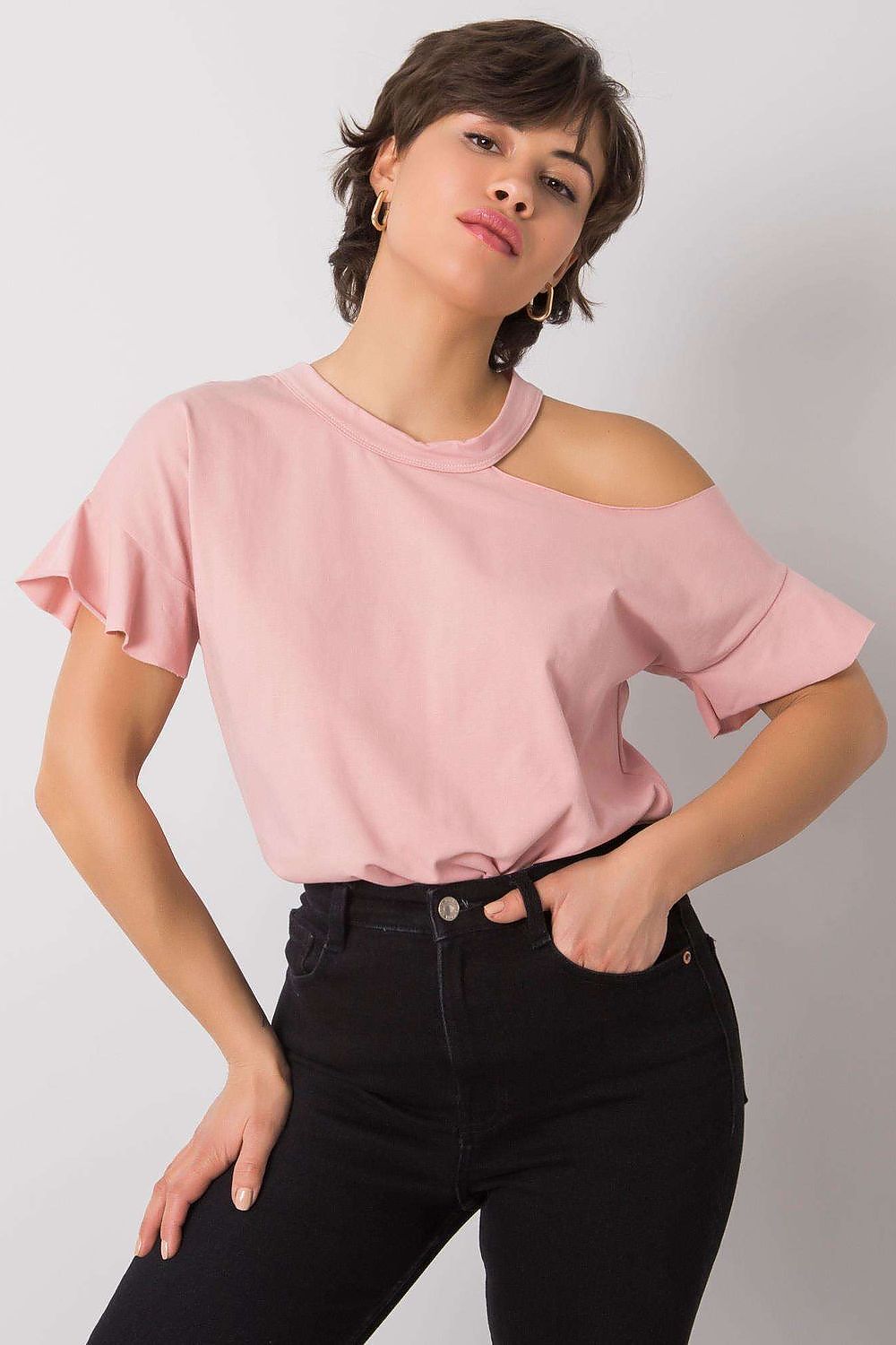 Stylish Off-Shoulder Cotton Blend Blouse with Short Sleeves showcased in soft pink, demonstrating a luxurious and trendy silhouette.