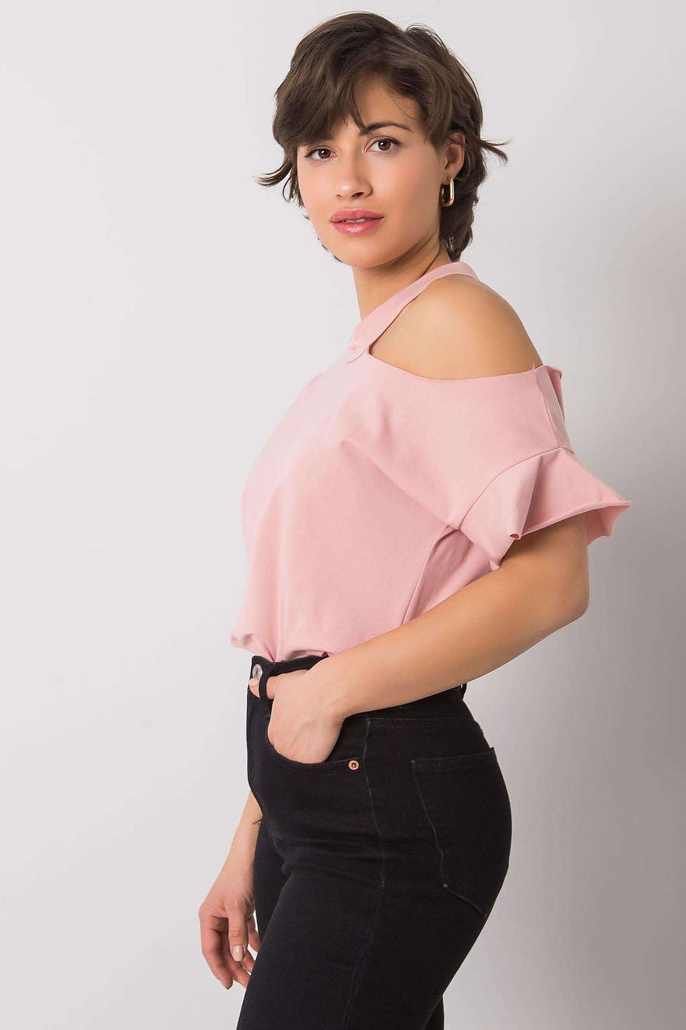 Stylish Off-Shoulder Cotton Blend Blouse with Short Sleeves in a charming pink colour, enhancing feminine elegance and style.