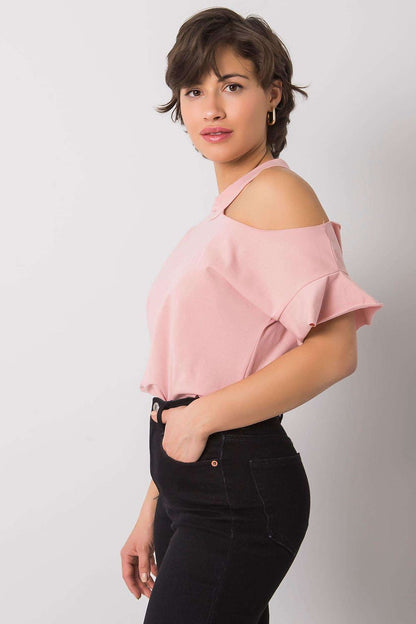 Stylish Off-Shoulder Cotton Blend Blouse with Short Sleeves in a charming pink colour, enhancing feminine elegance and style.
