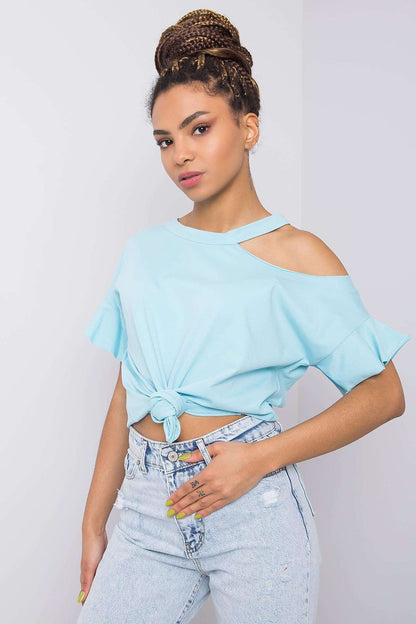 Stylish Off-Shoulder Cotton Blend Blouse with Short Sleeves displayed in vibrant blue, offering a trendy twist to casual luxury.