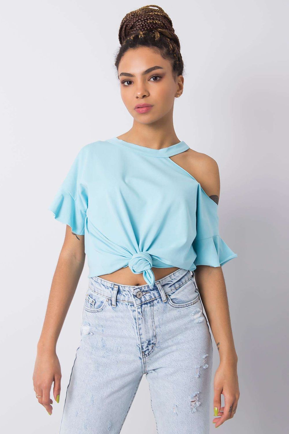 Stylish Off-Shoulder Cotton Blend Blouse with Short Sleeves in a vibrant light blue hue, elegantly knotted at the front, showcasing a chic and contemporary look, perfect for any stylish outing.
