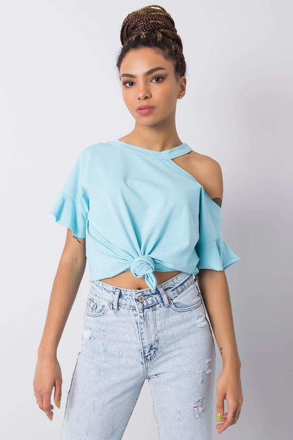 Stylish Off-Shoulder Cotton Blend Blouse with Short Sleeves in a vibrant light blue hue, elegantly knotted at the front, showcasing a chic and contemporary look, perfect for any stylish outing.
