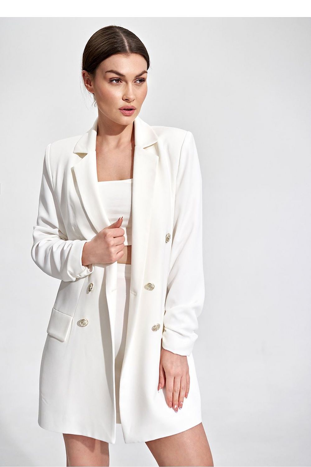 Sophisticated Long Polyester Jacket with Loose Fit and Double-Breasted Buttons by Figl, displayed in classic white, enhancing the polished silhouette with refined button details.