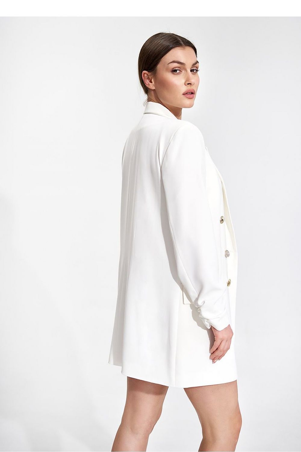 Chic Long Polyester Jacket with Loose Fit and Double-Breasted Buttons by Figl, elegantly worn in white, showcasing its sophisticated design and modern cut.