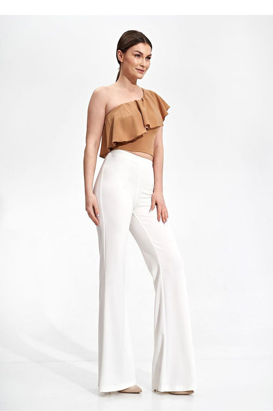 Elegant One Shoulder Ruffle Crop Top Blouse by Figl in a stylish caramel colour, showcasing a model pairing it with chic white flared trousers.