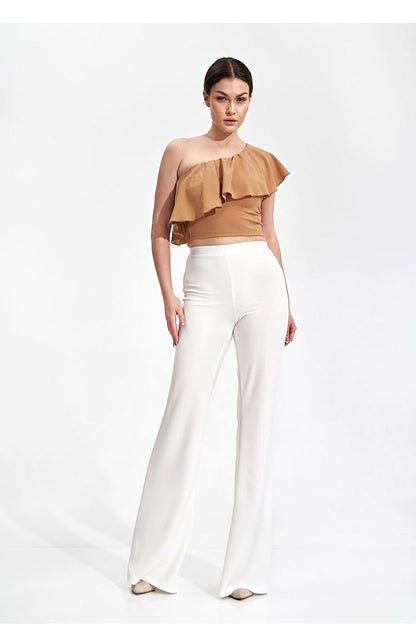 Elegant One Shoulder Ruffle Crop Top Blouse by Figl, displayed on a model wearing it with white pants for a sophisticated outfit.