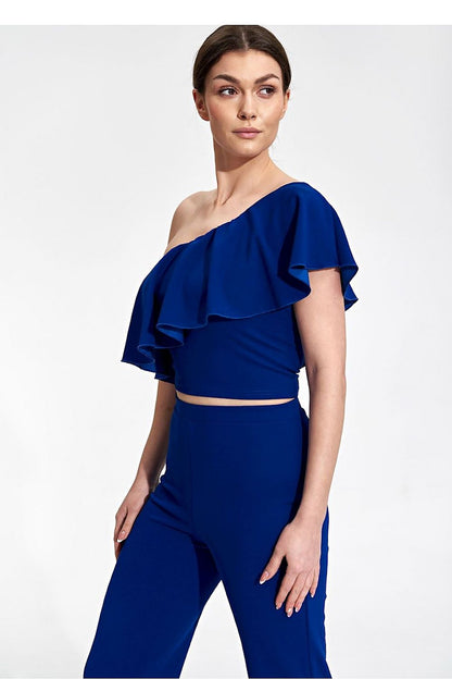 Elegant One Shoulder Ruffle Crop Top Blouse by Figl showcased in deep blue colour, featuring a stylish single ruffle design, perfect for a sophisticated look.