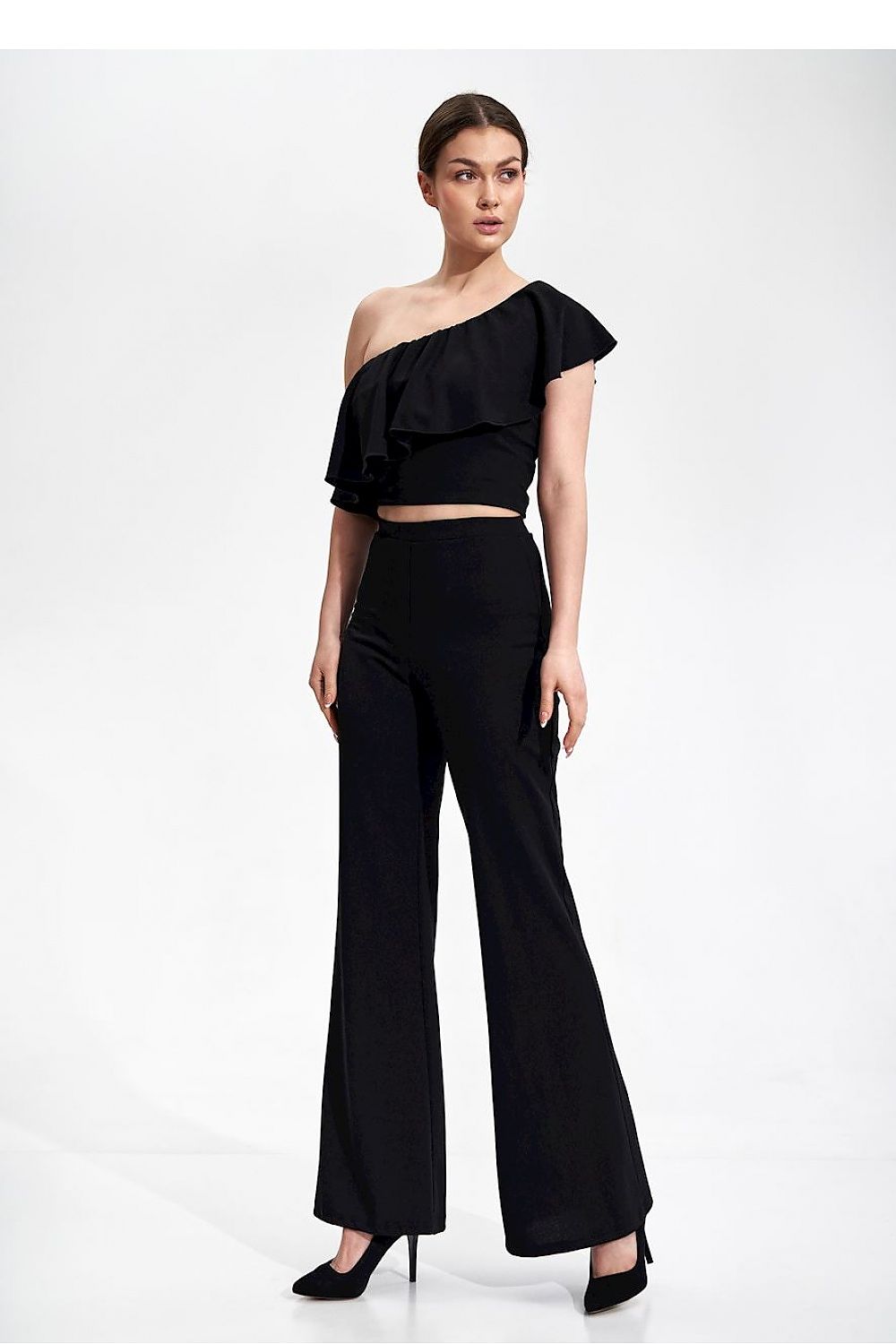 Elegant One Shoulder Ruffle Crop Top Blouse by Figl presented in classic black, elegantly styled with a dramatic ruffle, ideal for chic evening wear.