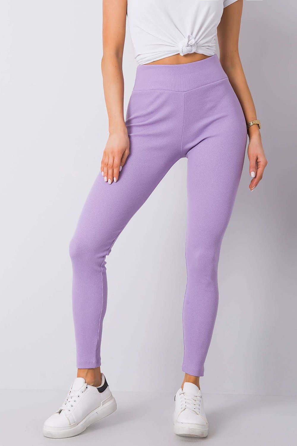 Elegant High-Waisted Ribbed Leggings for Women by BFG in soft lavender colour, styled with a white knotted t-shirt and trainers, showcasing fashionable comfort.