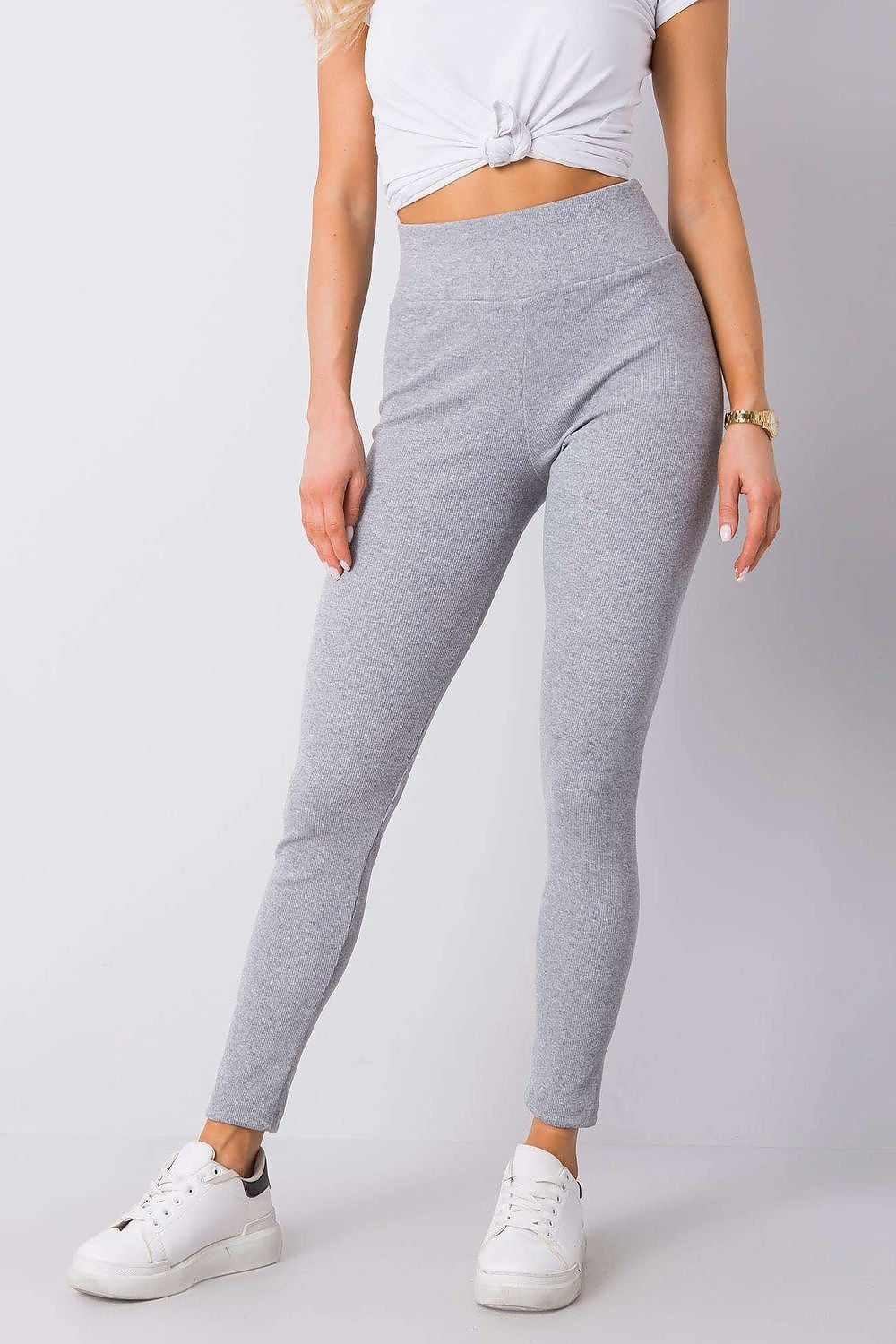 Elegant High-Waisted Ribbed Leggings for Women by BFG in a sophisticated grey colour, styled with a chic knotted white top, ideal for a modern, fashionable look.