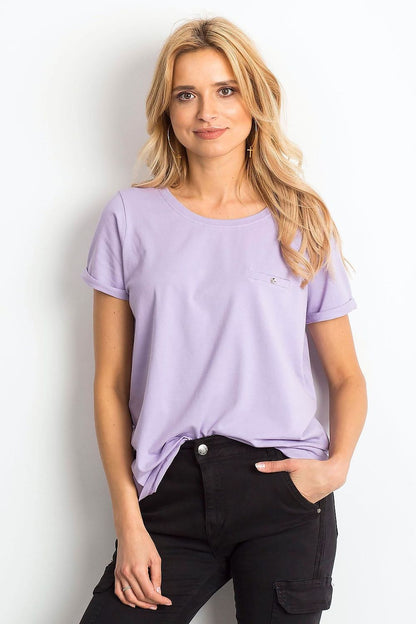 Luxurious Ladies Cotton Spandex Short-Sleeved T-Shirt with Round Neckline - Multiple Sizes Available, showcased on a model wearing a lavender t-shirt, coupled with stylish black pants.