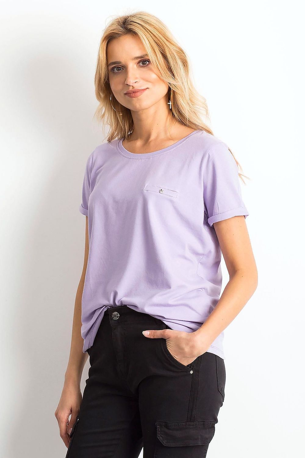 Luxurious Ladies Cotton Spandex Short-Sleeved T-Shirt with Round Neckline - Multiple Sizes Available, shown on a model in a lavender top with a casual yet elegant design, complemented by black trousers.
