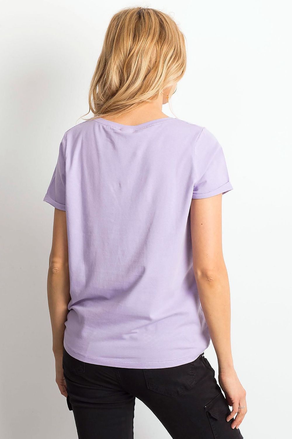 Luxurious Ladies Cotton Spandex Short-Sleeved T-Shirt with Round Neckline - Multiple Sizes Available, presented from the back view on a model wearing a lavender t-shirt, styled with black jeans.