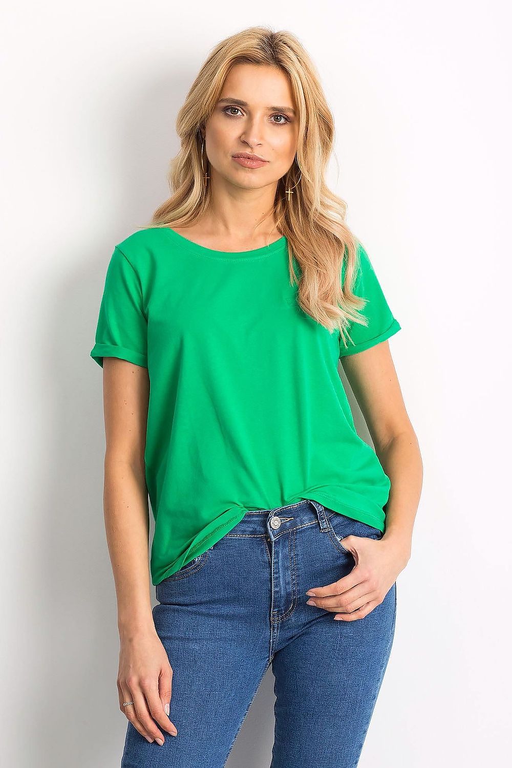 Luxurious Ladies Cotton Spandex Short-Sleeved T-Shirt with Round Neckline in vibrant green, elegantly styled on a model, perfect for casual outings.