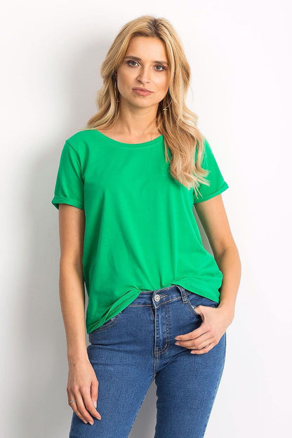 Luxurious Ladies Cotton Spandex Short-Sleeved T-Shirt with Round Neckline in vibrant green, elegantly styled on a model, perfect for casual outings.