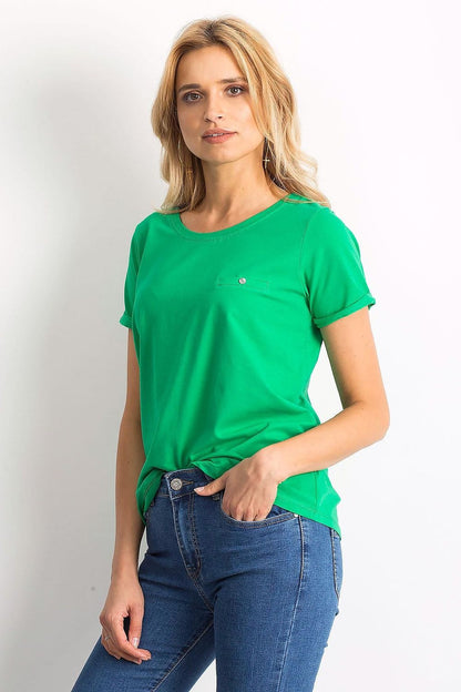 Luxurious Ladies Cotton Spandex Short-Sleeved T-Shirt with Round Neckline featuring a stylish pocket detail, modelled elegantly in green.