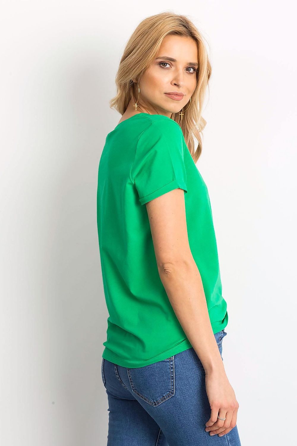 Luxurious Ladies Cotton Spandex Short-Sleeved T-Shirt with Round Neckline showcased from the back, highlighting its comfortable fit in striking green.
