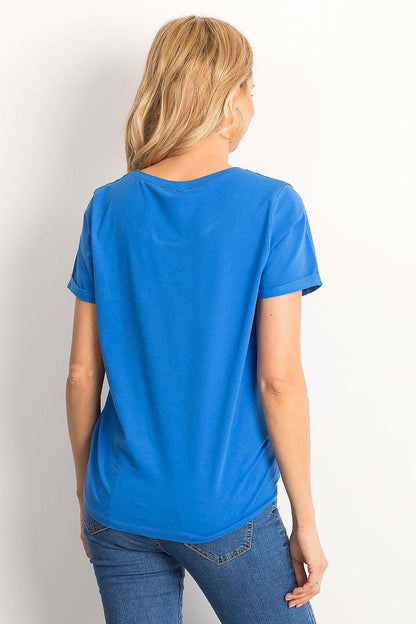 Luxurious Ladies Cotton Spandex Short-Sleeved T-Shirt with Round Neckline, featuring the back view of a model wearing a vibrant blue t-shirt, showcasing its stylish and comfortable design.