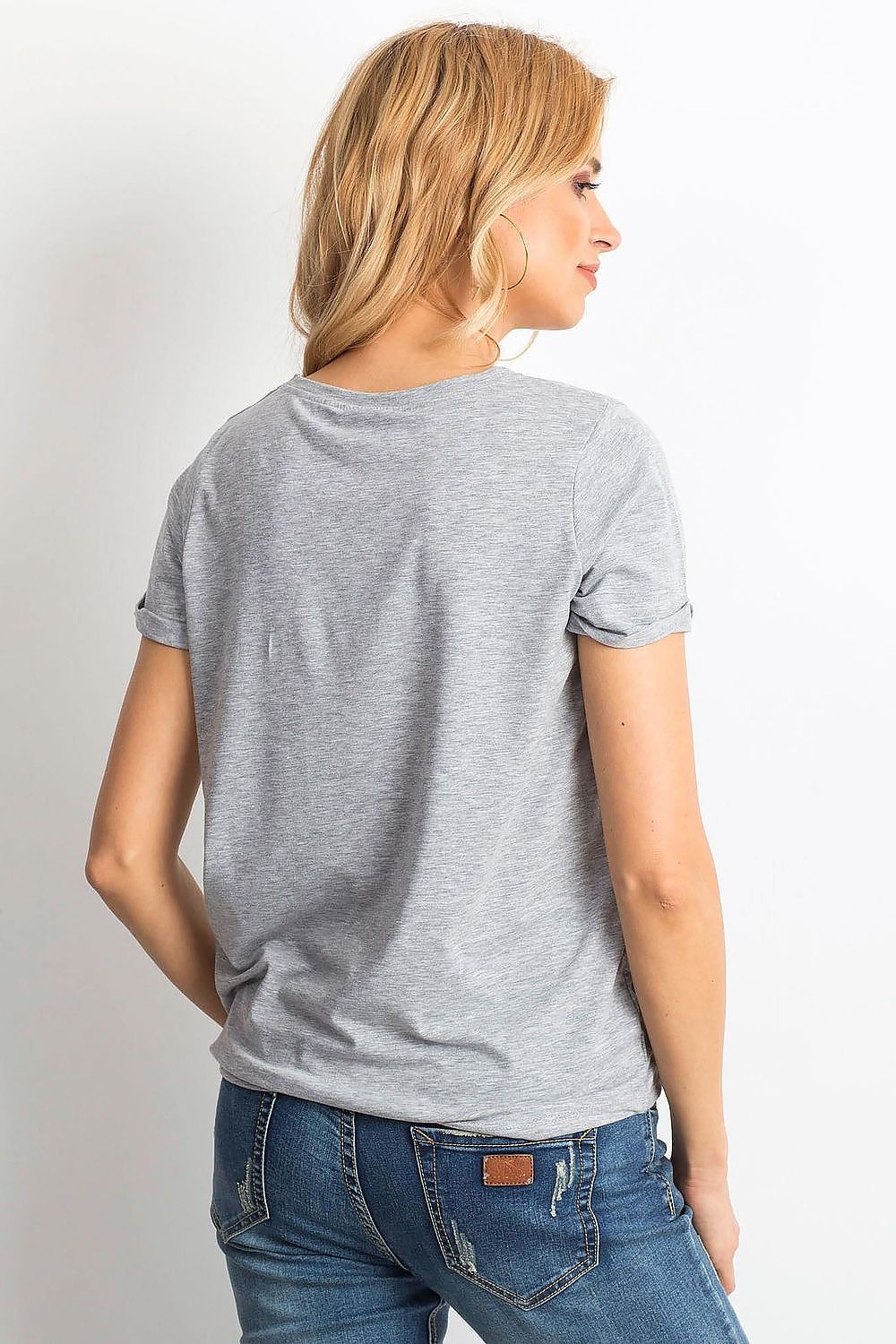 Back view of a Luxurious Ladies Cotton Spandex Short-Sleeved T-Shirt with Round Neckline, highlighting the elegant design and relaxed fit.