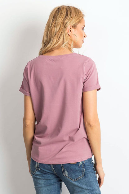 Back view of the Luxurious Ladies Cotton Spandex Short-Sleeved T-Shirt with Round Neckline in mauve, demonstrating the comfortable fit and style.