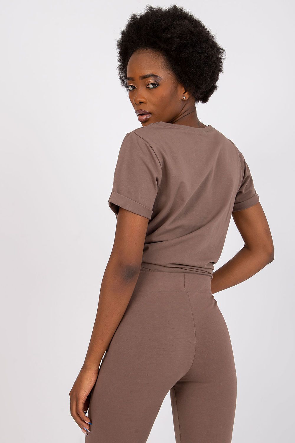 Luxurious Ladies Cotton Spandex Short-Sleeved T-Shirt with Round Neckline, showcasing a stylish brown design. Perfect for versatile casual wear and available in multiple sizes.