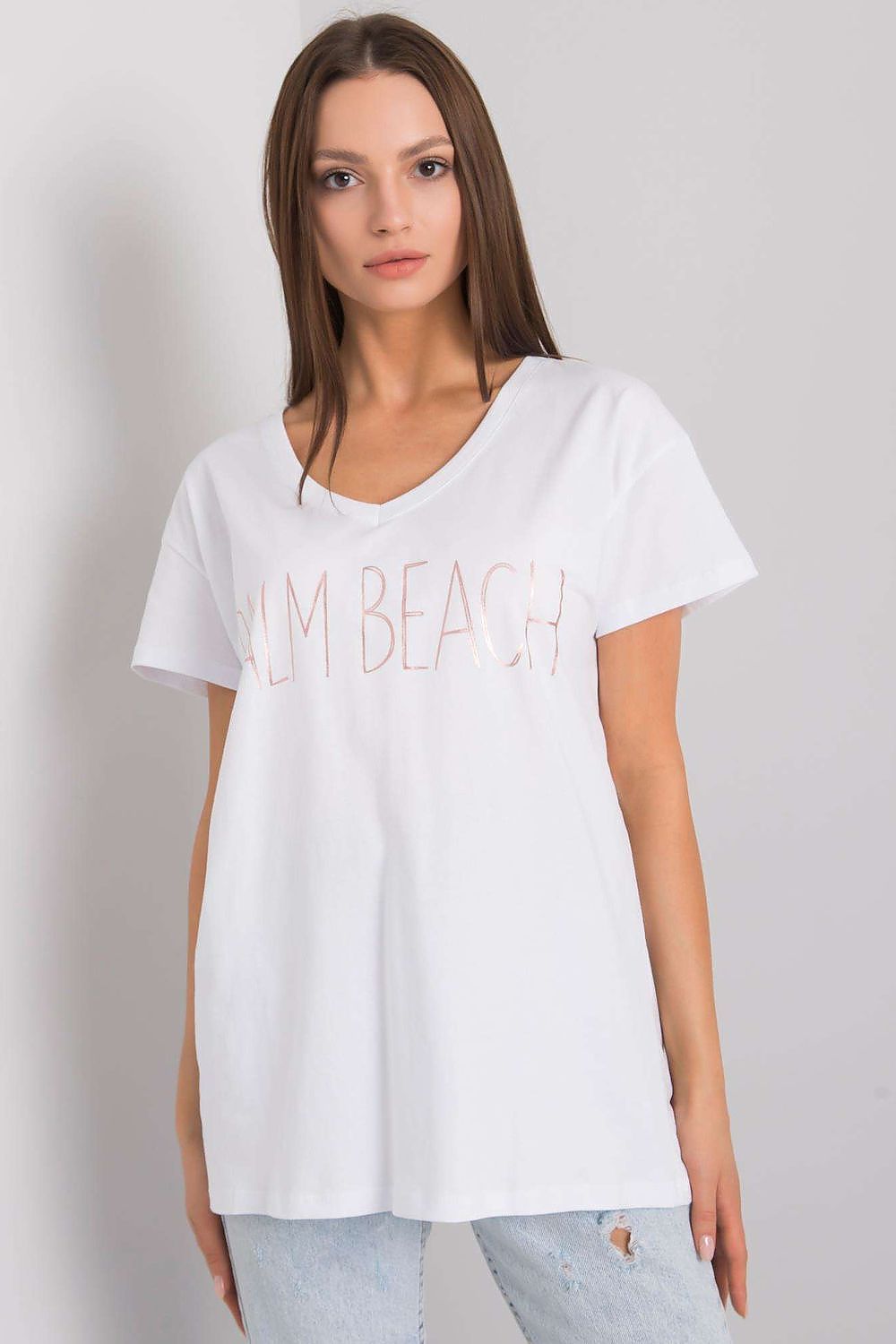 Elegant Ladies' Cotton V Neck Short-Sleeved T-Shirt with Decorative Wording, featuring a stylish design and the words 'PALM BEACH' in a chic finish, perfect for casual luxury attire in size EU 0.