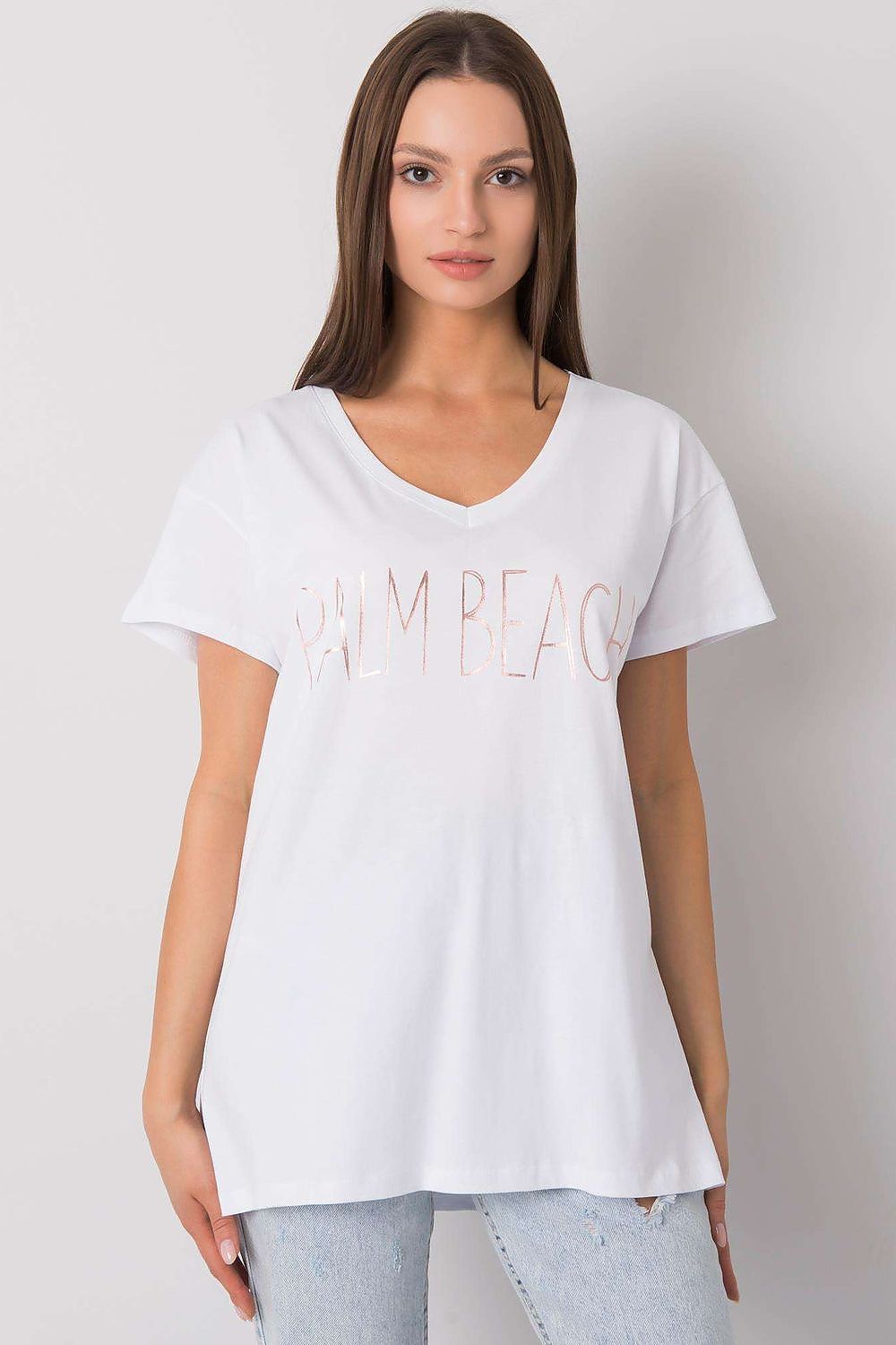 Elegant Ladies' Cotton V Neck Short-Sleeved T-Shirt with Decorative Wording in white, showcasing trendy 'PALM BEACH' lettering, perfect for a stylish casual look - Size EU 0.